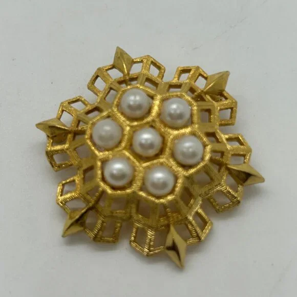 Vintage Gold-Tone Brooch & Clip-on Earrings Set With Faux Pearls Statement - Picture 3 of 16